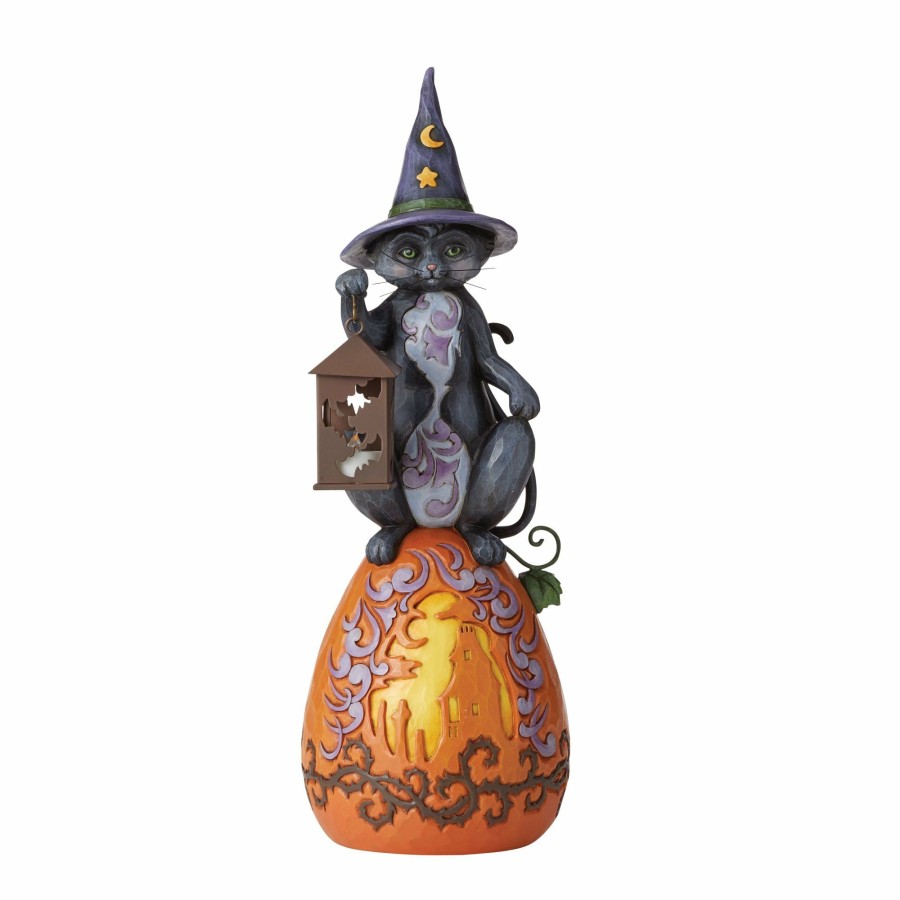 Decoration * | Shop Heartwood Creek Black Cat/Lited Pumpkin Statue