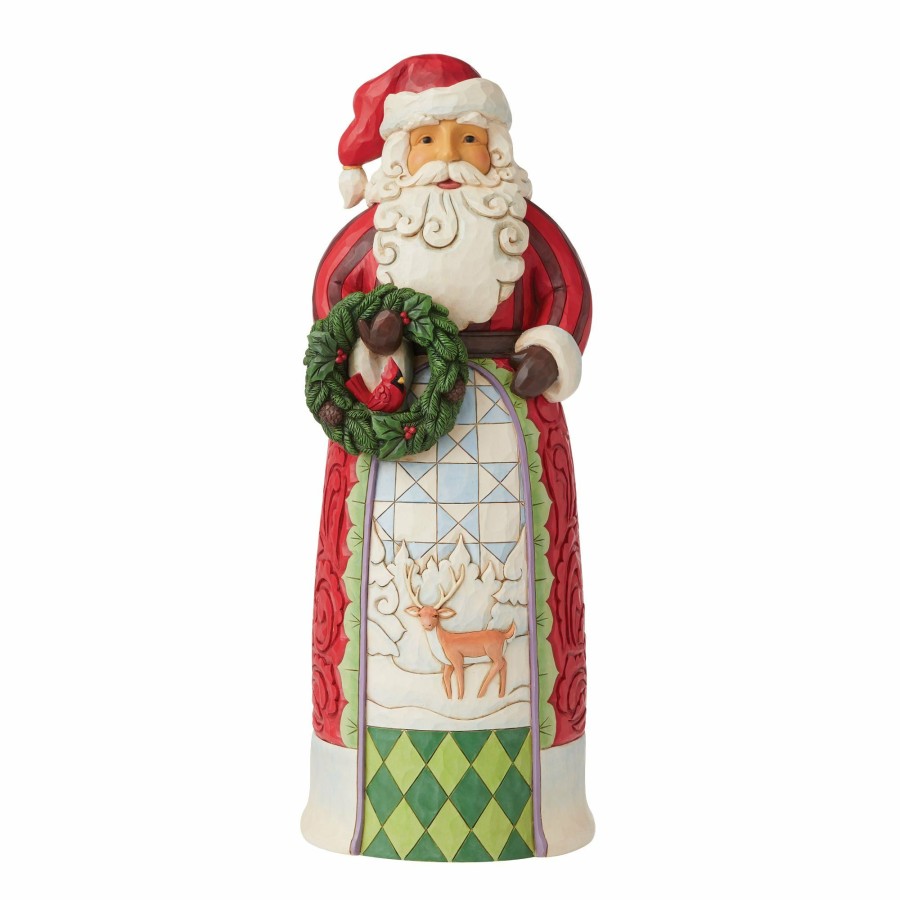 Decoration * | Discount Heartwood Creek Santa Holding Wreath Statue